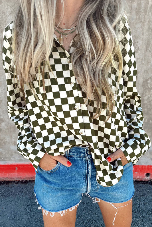 Green Checkerboard Printed Drop Shoulder Loose Casual Shirt Green 100%Cotton Blouses & Shirts JT's Designer Fashion
