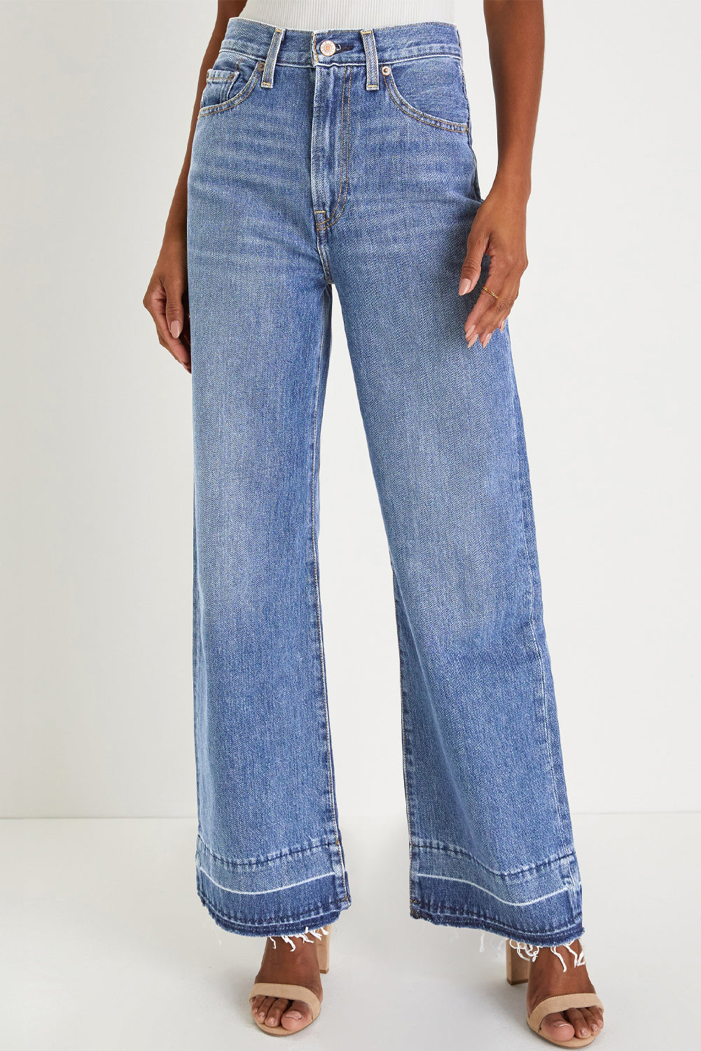 Dusk Blue Raw Hem Unique Cuffs Straight High Rise Loose Jeans Jeans JT's Designer Fashion