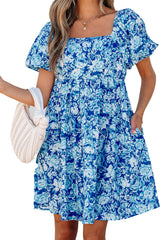 Blue Floral Puff Sleeve Babydoll Mini Dress Floral Dresses JT's Designer Fashion