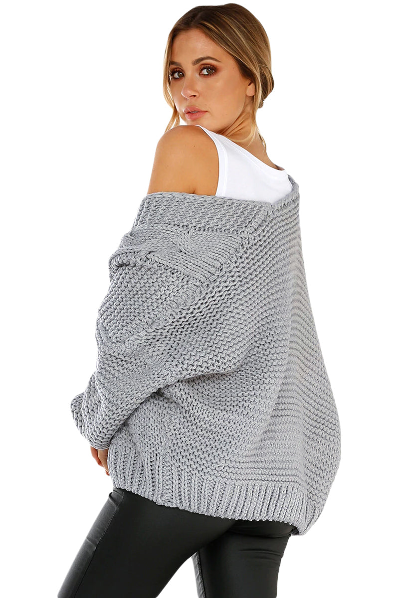 Gray Chunky Wide Long Sleeve Knit Cardigan Sweaters & Cardigans JT's Designer Fashion