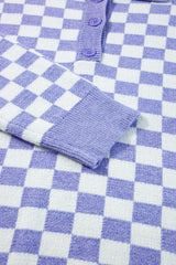 Purple Checkered Collared Buttons Plus Size Sweater Plus Size Sweaters & Cardigans JT's Designer Fashion