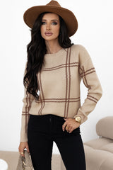 Khaki Plaid Pattern Knitted Drop Shoulder Sweater Sweaters JT's Designer Fashion