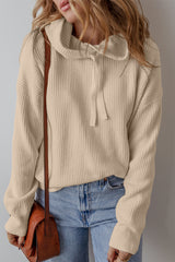 Beige Solid Color Drawstring Hooded Drop Shoulder Pullover Sweater Sweaters JT's Designer Fashion