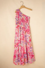Pink Abstract Floral Print Shirred One Shoulder Maxi Dress Floral Dresses JT's Designer Fashion