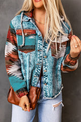 Multicolor Aztec Print Frayed Hem Denim Jacket Denim Jackets JT's Designer Fashion