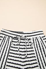 Black Stripe Knitted Short Sleeve Top and Drawstring Shorts Set Short Sets JT's Designer Fashion