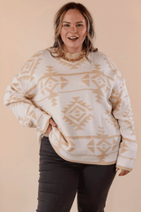Apricot Plus Size Western Aztec Print Loose Sweater Plus Size Sweaters & Cardigans JT's Designer Fashion