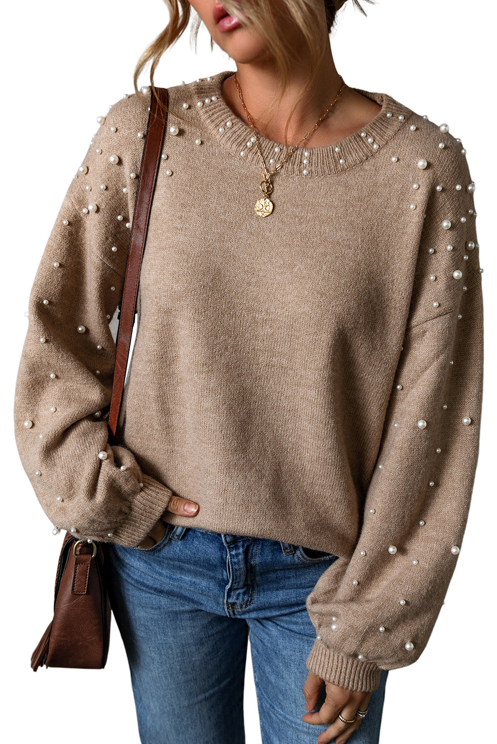 Smoke Gray Pearled Drop Shoulder Round Neck Sweater Sweaters JT's Designer Fashion