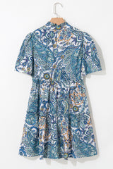 Blue Bohemian Paisley Floral V Neck Short Sleeve Mini Dress Floral Dresses JT's Designer Fashion