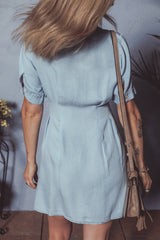 Myosotis Denim Pleated Slim Waist Short Sleeve Shirt Dress Dresses JT's Designer Fashion