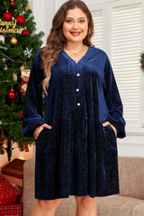 Navy Blue Plus Size Textured Velvet Tiered Button V Neck Dress Navy Blue 85%Polyester+10%Metallized fibres+5%Elastane Plus Size Mini Dresses JT's Designer Fashion