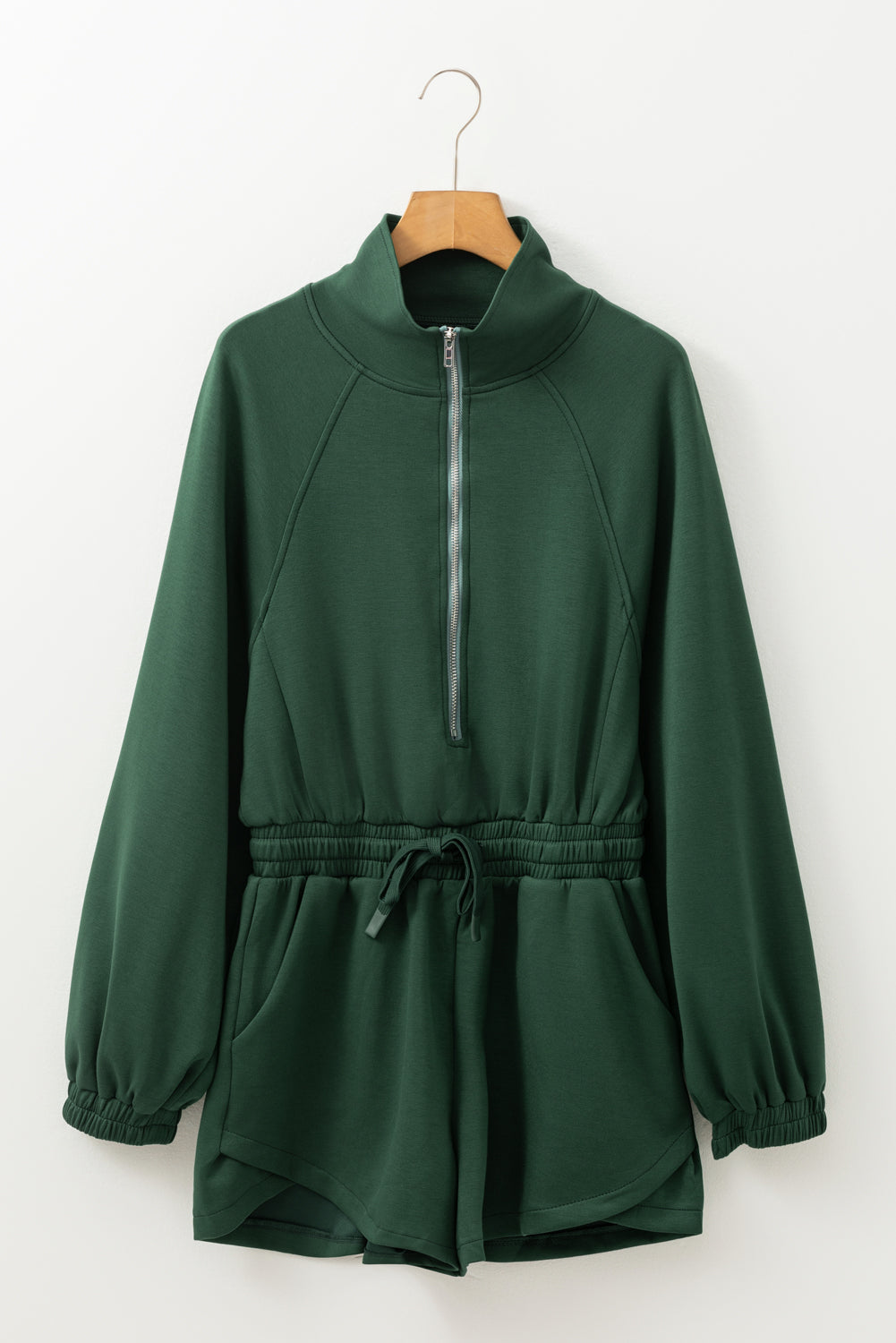 Blackish Green Collared Half Zip French Terry Knit Drawstring Casual Romper Jumpsuits & Rompers JT's Designer Fashion