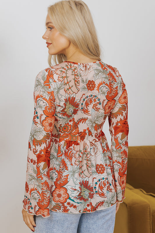Orange Floral Print Deep V Neck Knot Bell Sleeve Blouse Blouses & Shirts JT's Designer Fashion