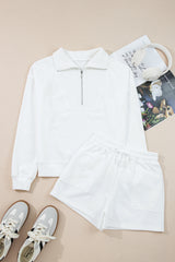 White Ribbed Collar Drop Shoulder Sweatshirt and Shorts Set Short Sets JT's Designer Fashion