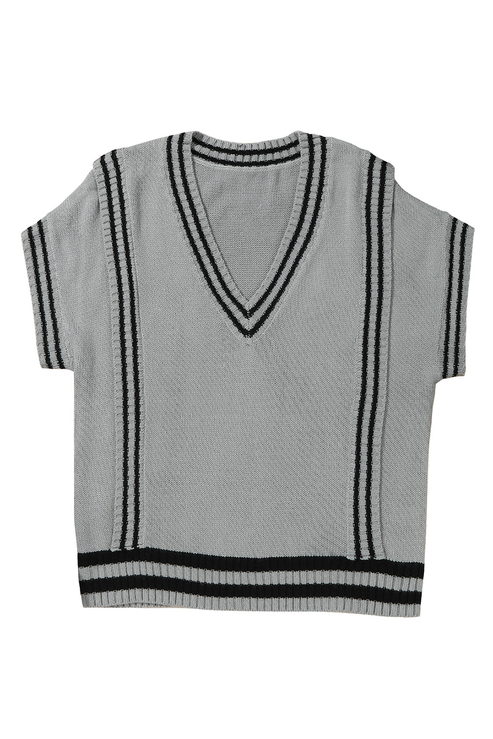 Gray V Neck Contrast Stripes Trims Short Sleeve Sweater Sweaters & Cardigans JT's Designer Fashion