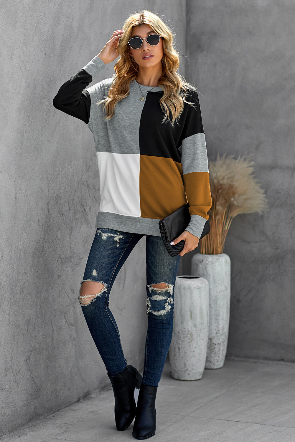 Color Block Round Neck Long Sleeves Pullover Sweatshirt Sweatshirts & Hoodies JT's Designer Fashion