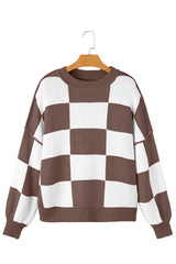 Dark Brown Checkered Bishop Sleeve Sweater Sweaters JT's Designer Fashion