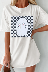 White Checkered Ghost Print Crew Neck Oversized T Shirt Graphic Tees JT's Designer Fashion
