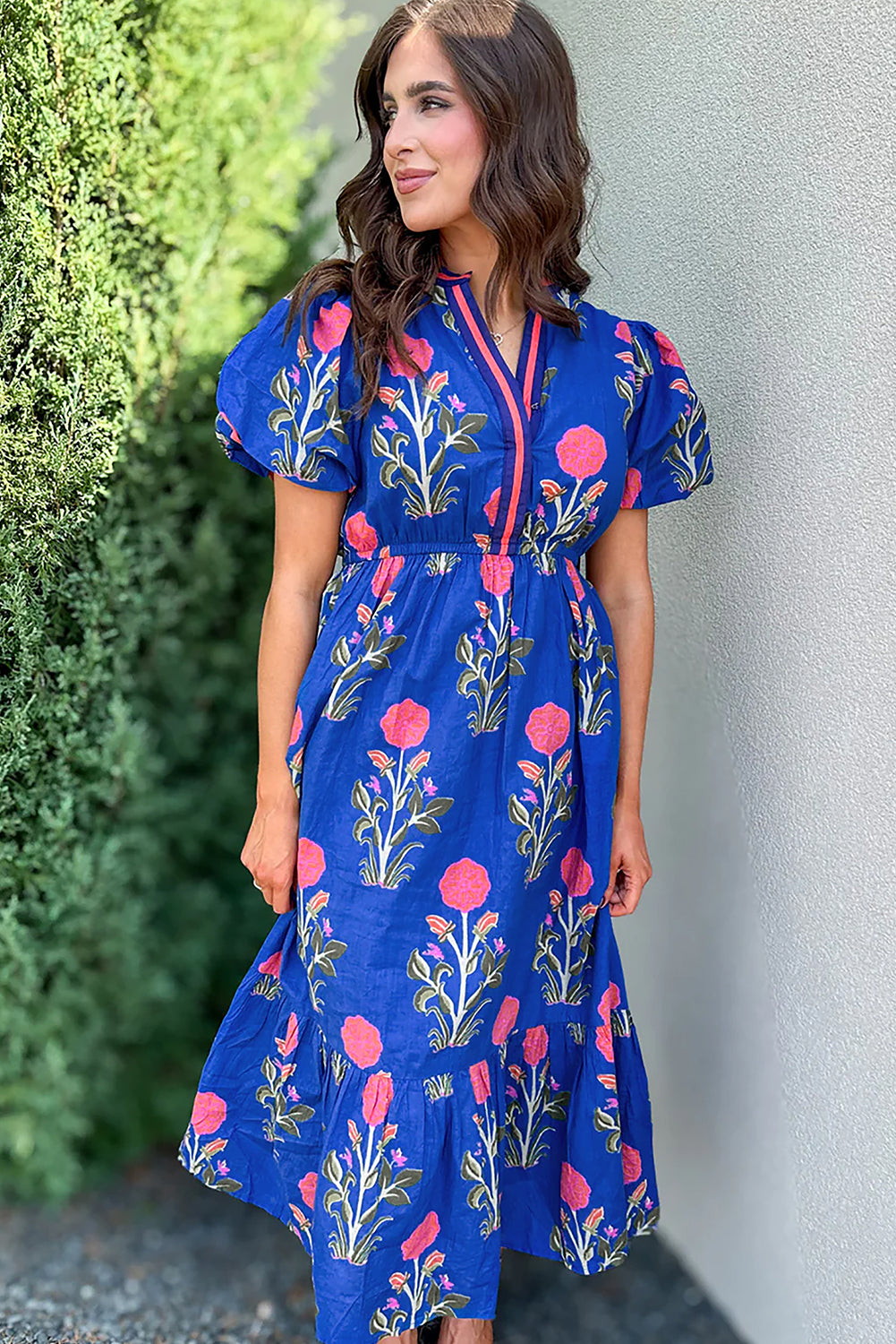 Sky Blue Floral Puff Short Sleeve V Neck High Waist Maxi Dress Floral Dresses JT's Designer Fashion