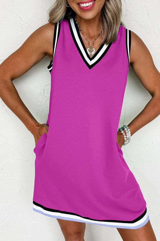 Purple Orchid Color Contrast Trim V Neck Shift Sleeveless Mini Dress Dresses JT's Designer Fashion
