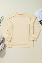 Beige Splicing Round Neck Pullover Sweatshirt Sweatshirts & Hoodies JT's Designer Fashion