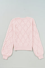 Gossamer Pink Openwork Plaid Puff Sleeve Cropped Sweater Sweaters JT's Designer Fashion