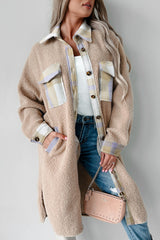 Smoke Gray Plaid Patchwork Collared Button-up Sherpa Long Coat Smoke Gray 100%Polyester Coats JT's Designer Fashion