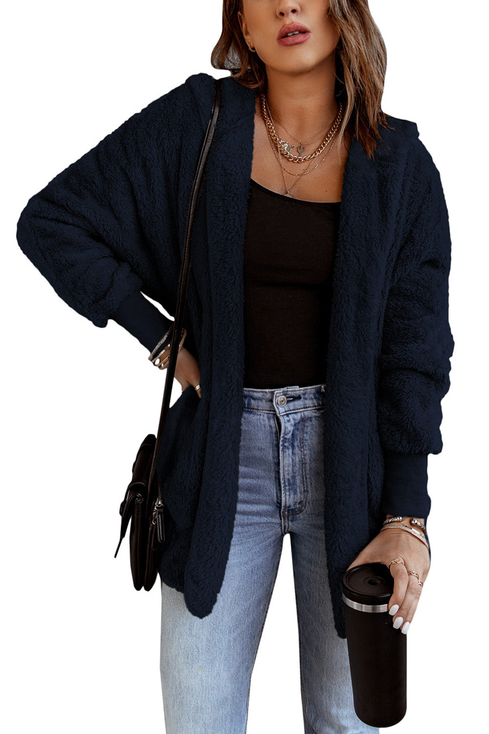 Blue Pink Soft Fleece Hooded Open Front Jacket Jackets JT's Designer Fashion