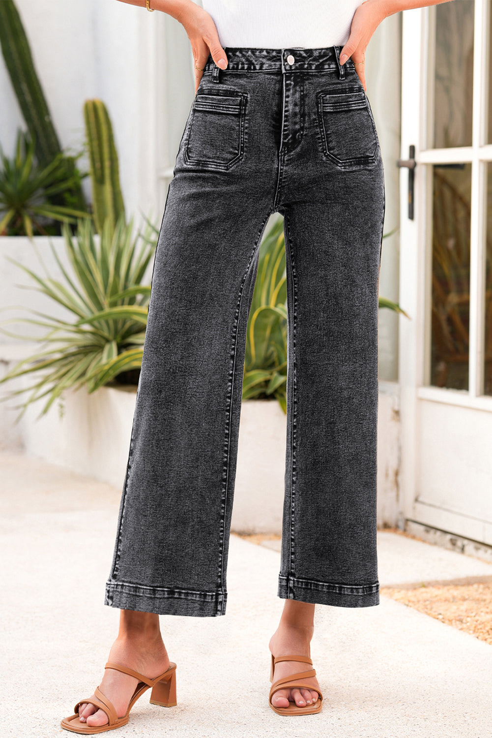 Black Chic Patch Pocket Straight Leg Loose Jeans Jeans JT's Designer Fashion