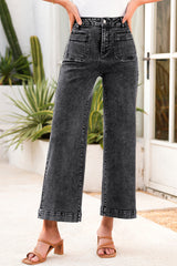 Black Chic Patch Pocket Straight Leg Loose Jeans Jeans JT's Designer Fashion