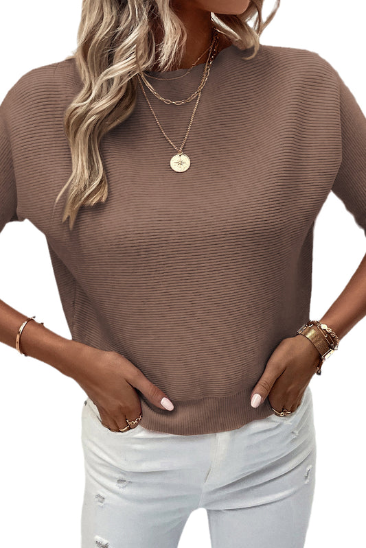 Coffee Round Neck Half Sleeve Ribbed Knit Top Sweaters & Cardigans JT's Designer Fashion
