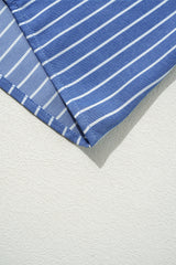 Sky Blue Stripe Frilly Split Neck Shirred Ruffle Sleeve Short Shift Dress Mini Dresses JT's Designer Fashion