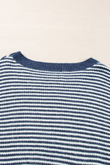 Sail Blue Striped Lantern Sleeve Drop Shoulder Cozy Sweater Sweaters JT's Designer Fashion