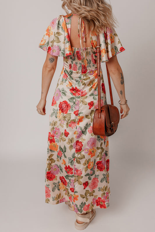 Multicolour Vintage Floral V Neck Short Sleeve Tie Back Long Slit Dress Floral Dresses JT's Designer Fashion