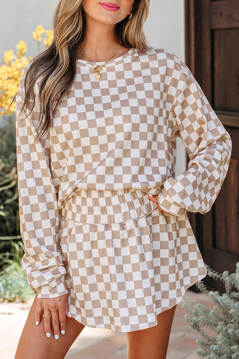 Khaki Checkered Long Sleeve Crop Top High Waist Skort 2pcs Set Short Sets JT's Designer Fashion