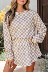 Khaki Checkered Long Sleeve Crop Top High Waist Skort 2pcs Set Short Sets JT's Designer Fashion