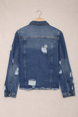 Blue Lapel Distressed Raw Hem Buttons Denim Jacket Denim Jackets JT's Designer Fashion
