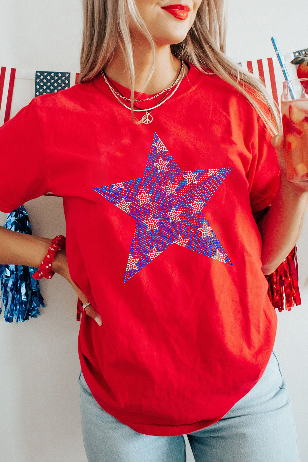 Red Rhinestone Star Pattern Independent Day T Shirt Graphic Tees JT's Designer Fashion
