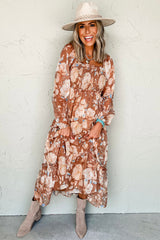 Brown Floral Print Shirred Square Neck High Waist Long Dress Maxi Dresses JT's Designer Fashion