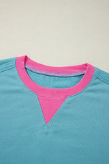 Light Blue Colorblock Patchwork Crew Neck Loose Sweatshirt Sweatshirts & Hoodies JT's Designer Fashion