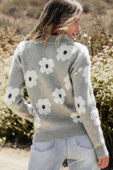 Gray Floral Pattern Half Zip Drop Shoulder Sweater Sweaters JT's Designer Fashion