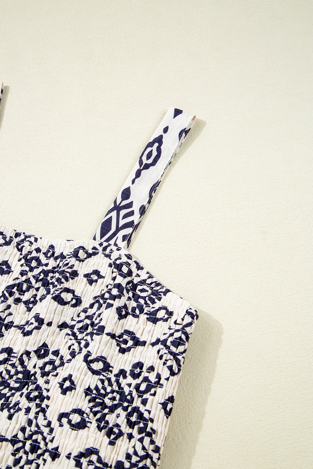Blue Boho Geometric Print Shirred High Waist Wide Leg Jumpsuit Jumpsuits & Rompers JT's Designer Fashion