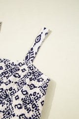 Blue Boho Geometric Print Shirred High Waist Wide Leg Jumpsuit Jumpsuits & Rompers JT's Designer Fashion