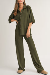 Four Leaf Clover Solid Color Textured Buttoned Shirt and Casual Pants Set Pant Sets JT's Designer Fashion