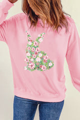 Pink Floral Bunny Printed Crewneck Easter Fashion Sweatshirt Graphic Sweatshirts JT's Designer Fashion