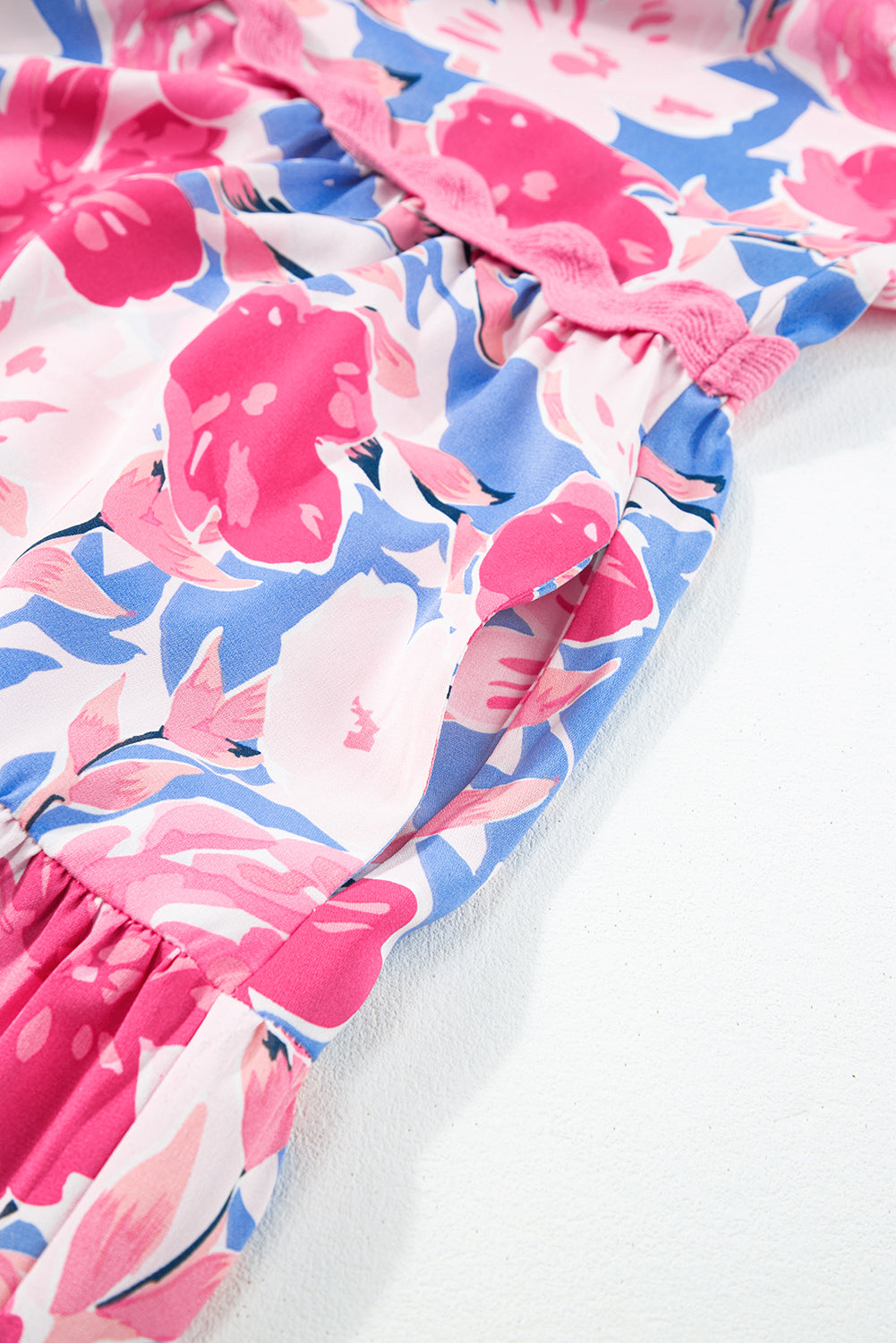 Pink Floral Printed V Notched Ric Rac Flutter Sleeve Dress Floral Dresses JT's Designer Fashion
