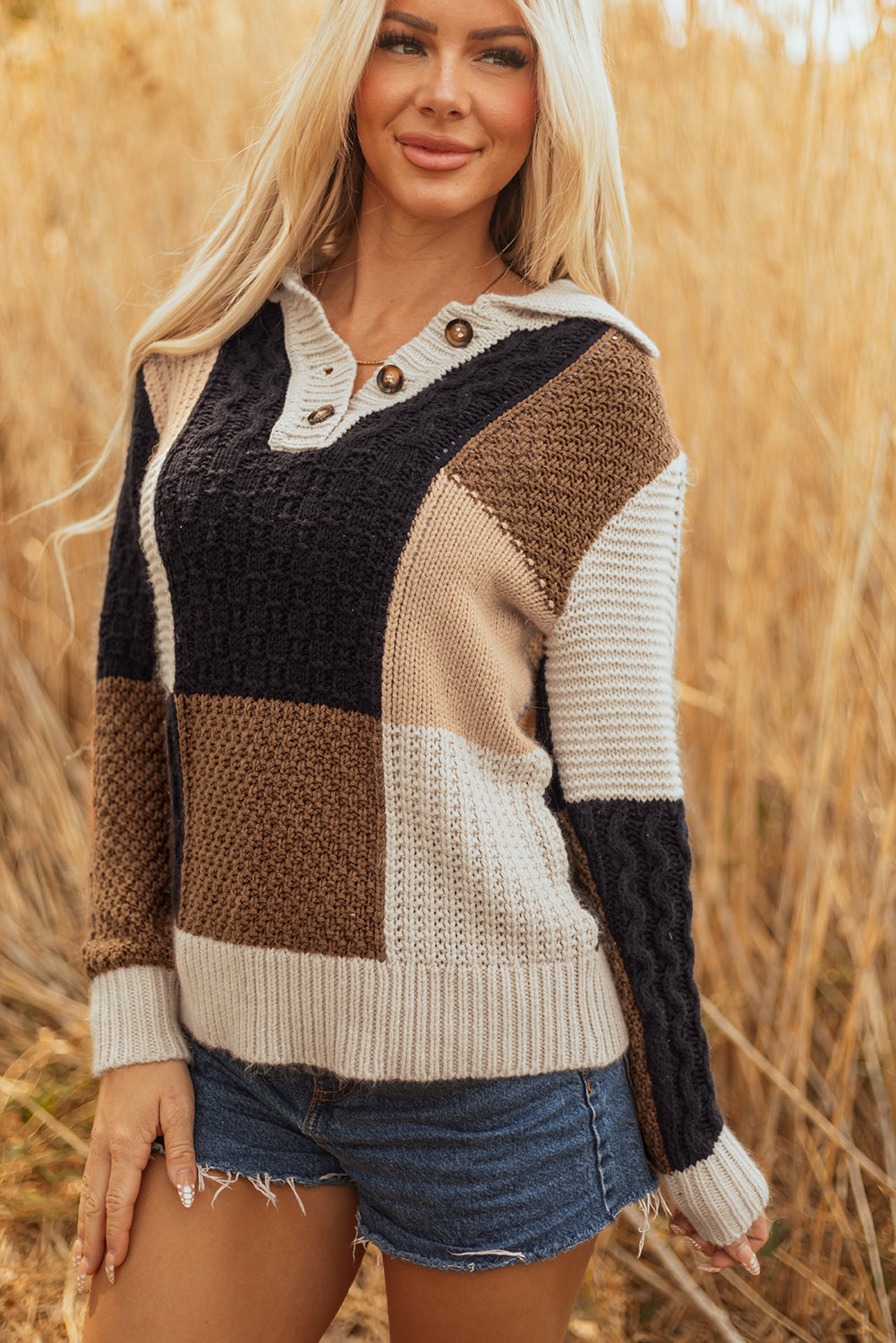 Multicolour Color Block Cable Knit Sleeve Buttons Collared Sweater Multicolour 100%Acrylic Sweaters JT's Designer Fashion
