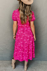 Rose Red Floral Print Pleated Drawstring Flowy Midi Dress Dresses JT's Designer Fashion