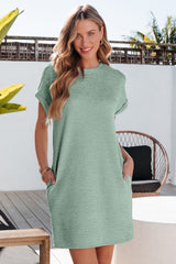 Grass Green Solid Color Textured Crinkle Short Sleeve T Shirt Dress T Shirt Dresses JT's Designer Fashion