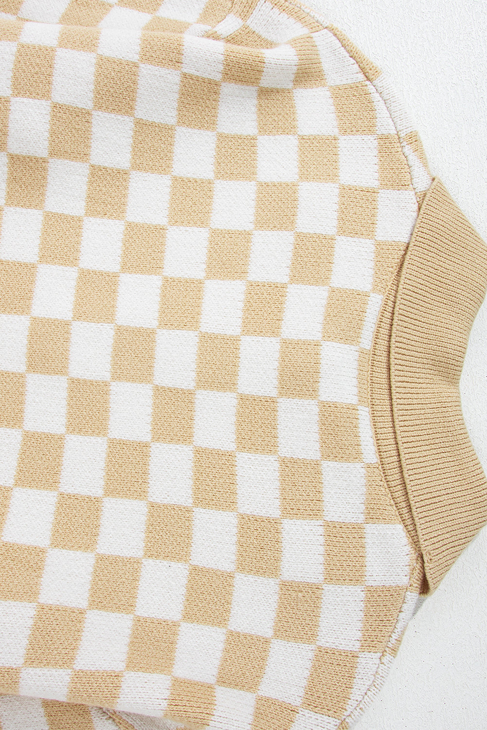 Apricot Checkered Buttons Collar V Neck Drop Shoulder Sweater Sweaters JT's Designer Fashion